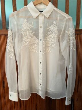 Karl Lagerfeld White Sheer Embroidered Button-Up Shirt
